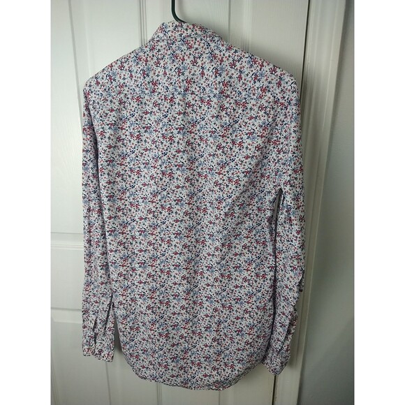 Zara Men Size S Floral Slim Fit Collared Button Shirt Red White Blue Patriot - Picture 8 of 8